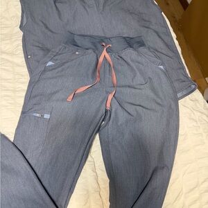 Figs Navy Blue Scrub Pants with White Logo Label and scrub top set
